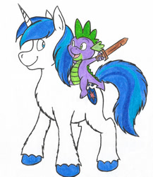 Size: 999x1150 | Tagged: safe, artist:dingopatagonico, character:shining armor, character:spike, species:dragon, species:pony, species:unicorn, chest fluff, cute, dragons riding ponies, happy, male, riding, smiling, sparkle siblings, stallion, traditional art, wooden sword