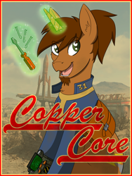 Size: 2702x3585 | Tagged: safe, artist:wcnimbus, oc, oc only, oc:coppercore, species:pony, species:unicorn, fallout equestria, badge, beard, bobby pin, clothing, cloud, con badge, facial hair, fanfic, fanfic art, female, glowing horn, hooves, horn, levitation, magic, male, mare, open mouth, pipbuck, ponytail, screwdriver, solo, stallion, telekinesis, text, vault suit, wasteland