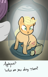 Size: 1440x2320 | Tagged: safe, artist:alltheworldbronyf, character:applejack, character:rarity, species:earth pony, species:pony, species:unicorn, applecat, comic, dialogue, pony in a bottle