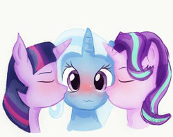 Size: 679x539 | Tagged: safe, artist:samyvillaly, character:starlight glimmer, character:trixie, character:twilight sparkle, species:pony, ship:startrix, ship:twixie, female, kiss on the cheek, kiss sandwich, kissing, lesbian, ot3, shipping, trixie gets all the mares, twixstar