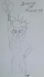 Size: 806x1401 | Tagged: safe, artist:pabrony83, character:pinkie pie, my little pony:equestria girls, balloon, female, monochrome, smiling, solo, statue of liberty, traditional art