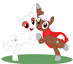 Size: 4680x4106 | Tagged: safe, artist:volcanicdash, oc, oc:fang, oc:ikeldre, species:pony, series:memebusters, best friends, cape, clothing, duo, fangs, holding hooves, looking at you, platonic, smiling