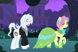 Size: 4175x2805 | Tagged: safe, artist:darkstorm mlp, character:fluttershy, oc, oc:wishing star, species:pony, blushing, butterscotch, butterscotch gets all the stallions, clothing, crossdressing, date, dress, gala dress, grand galloping gala, rule 63, tuxedo