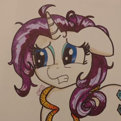 Size: 2232x2240 | Tagged: safe, artist:iffoundreturntorarity, character:rarity, species:pony, newbie artist training grounds, atg 2019, exhausted, floppy ears, measuring tape, messy mane, tired, traditional art