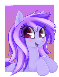 Size: 3050x4000 | Tagged: safe, artist:rivin177, oc, oc:aegis shield, species:earth pony, species:pony, blushing, commission, cute, female, mare, open mouth, purple, smiling, solo