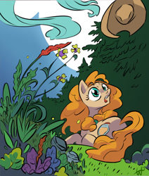Size: 864x1018 | Tagged: safe, artist:leavingcrow, character:pear butter, species:pony, newbie artist training grounds, atg 2019, clothing, female, flower, hat, nature, scenery, solo