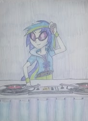 Size: 1085x1490 | Tagged: safe, artist:pabrony83, character:dj pon-3, character:vinyl scratch, species:human, my little pony:equestria girls, fantasy, female, glasses, headphones, ponied up, solo, traditional art, turntable