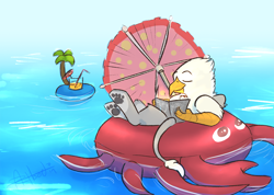 Size: 1234x879 | Tagged: safe, artist:scruffasus, oc, oc only, oc:der, species:crab, species:griffon, drink, floating, male, paw pads, paws, solo, straw, umbrella, underpaw, water