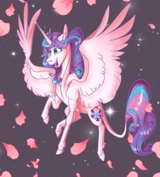 Size: 2215x2450 | Tagged: safe, artist:finchina, character:princess flurry heart, species:pony, adult flurry heart, cherry blossoms, female, flower, flower blossom, flying, hoers, leonine tail, older, petals, smiling, solo, spread wings, wings