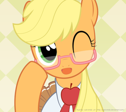 Size: 900x800 | Tagged: safe, artist:yuki endo, character:applejack, species:earth pony, species:pony, abstract background, clothing, cute, female, glasses, hatless, jackabetes, looking at you, mare, missing accessory, schoolgirl, solo, wink
