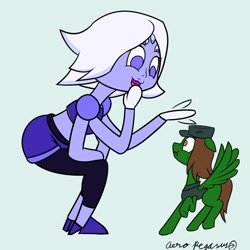 Size: 894x894 | Tagged: safe, artist:aeropegasus, oc, oc:aero pegasus, species:pegasus, species:pony, cap, clothing, colored, crossover, digital art, female, four arms, four eyes, hat, humanoid, mare, petting, steven universe, surprised, vest