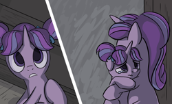 Size: 1200x730 | Tagged: safe, artist:inkygarden, character:starlight glimmer, species:pony, species:unicorn, episode:the cutie re-mark, cropped, crying, cute, double the glimmer, eyes closed, feels, female, filly, filly starlight glimmer, floppy ears, frown, glimmerbetes, heartwarming, hug, lidded eyes, looking at you, looking up, mare, no catchlights, offscreen character, ponidox, pov, rain, sad, self adoption, self ponidox, sitting, teary eyes, this will end in timeline distortion, time paradox, time travel, wavy mouth, wide eyes, younger