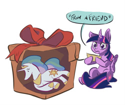Size: 1200x1008 | Tagged: safe, artist:leavingcrow, character:princess celestia, character:twilight sparkle, character:twilight sparkle (alicorn), species:alicorn, species:pony, species:unicorn, box, cutaway, female, mare, plushie, present, simple background, solo, twilight day, white background