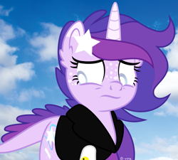 Size: 2577x2320 | Tagged: safe, artist:babyroxasman, oc, oc:euphoria reverie, species:pony, clothing, colored background, female, freckles, horn, hybrid, jacket, long horn, mare, nervous, solo, vector, white pupils