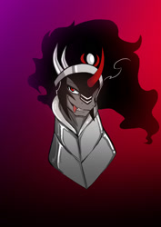 Size: 1240x1754 | Tagged: safe, artist:commissarbu, character:king sombra, species:pony, bust, grin, male, portrait, red background, simple background, smiling, smirk, solo, tongue out