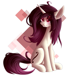 Size: 842x949 | Tagged: safe, artist:mediasmile666, oc, oc only, oc:hazel, species:pony, species:unicorn, abstract background, blushing, cutie mark, ear piercing, earring, eye clipping through hair, eye reflection, female, gift art, grin, jewelry, mare, piercing, reflection, sitting, smiling, solo