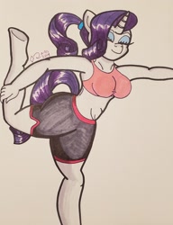 Size: 1820x2368 | Tagged: safe, artist:iffoundreturntorarity, character:rarity, species:anthro, alternate hairstyle, clothing, pants, ponytail, stretching, traditional art, yoga, yoga pants
