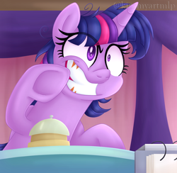 Size: 1476x1440 | Tagged: safe, artist:kimmyartmlp, character:twilight sparkle, character:twilight sparkle (alicorn), species:alicorn, species:pony, episode:a trivial pursuit, g4, my little pony: friendship is magic, bell, crazy face, eye clipping through hair, faec, female, folded wings, gritted teeth, mare, messy mane, scene interpretation, shrunken pupils, signature, solo, twilight snapple, twilighting, wings