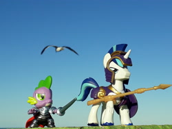 Size: 4128x3096 | Tagged: safe, artist:dingopatagonico, character:shining armor, character:spike, species:pony, armor, guardians of harmony, irl, it's coming right at us, misadventures of the guardians, photo, spear, this will end in pain, toy, weapon