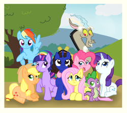 Size: 1964x1753 | Tagged: safe, artist:vcm1824, character:applejack, character:discord, character:fluttershy, character:pinkie pie, character:rainbow dash, character:rarity, character:spike, character:twilight sparkle, character:twilight sparkle (alicorn), oc, ponysona, self insert, species:alicorn, species:draconequus, species:dragon, species:earth pony, species:pegasus, species:pony, species:unicorn, applejack's hat, clothing, cowboy hat, female, hat, male, mane seven, mane six, mare, photo