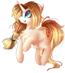 Size: 839x951 | Tagged: safe, artist:mediasmile666, oc, oc only, species:pony, species:unicorn, blurry, braid, chest fluff, cutie mark, eye clipping through hair, eye reflection, female, fluffy, food, gift art, looking up, mare, pizza, ponytail, reflection, simple background, solo, tongue out, transparent background