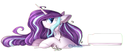 Size: 1395x573 | Tagged: safe, artist:mediasmile666, oc, oc only, oc:magical brownie, species:pony, species:unicorn, bottle, ethereal mane, eye clipping through hair, eye reflection, female, floppy ears, galaxy mane, gift art, jewelry, liquid, long mane, looking back, mare, melting, necklace, open mouth, pony in a bottle, reflection, simple background, solo, transparent background