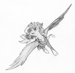 Size: 864x848 | Tagged: safe, artist:agentkirin, character:zapp, oc, oc:sky song, species:pegasus, species:pony, episode:power ponies, g4, my little pony: friendship is magic, monochrome, solo, traditional art