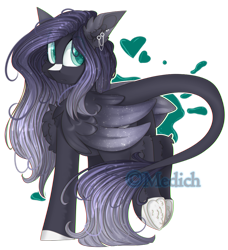 Size: 854x935 | Tagged: safe, artist:mediasmile666, oc, oc only, species:pegasus, species:pony, chest fluff, commission, ear piercing, earring, ethereal mane, eye clipping through hair, eye reflection, female, galaxy mane, heart, hoof fluff, jewelry, leonine tail, looking at you, mare, piercing, reflection, simple background, solo, speedpaint available, starry wings, transparent background, underhoof, wings