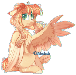 Size: 901x887 | Tagged: safe, artist:mediasmile666, oc, oc only, species:pegasus, species:pony, art trade, chest fluff, coat markings, eye clipping through hair, eye reflection, female, floppy ears, looking at you, mare, one wing out, reflection, sidemouth, simple background, sitting, solo, speedpaint available, transparent background, underhoof, wings