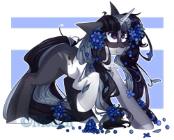 Size: 998x801 | Tagged: safe, artist:mediasmile666, oc, oc only, species:pony, species:unicorn, abstract background, art trade, berries, blushing, chest fluff, coat markings, female, floppy ears, long mane, long tail, mare, raised hoof, scrunchy face, solo, speedpaint available