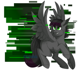 Size: 936x854 | Tagged: safe, artist:mediasmile666, oc, oc only, species:pegasus, species:pony, abstract background, blank flank, cheek fluff, commission, eye clipping through hair, grin, male, pegasus oc, raised hoof, sidemouth, smiling, solo, speedpaint available, spread wings, stallion, wings