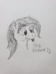 Size: 3024x4032 | Tagged: safe, artist:kalashnikitty, oc, oc:flugel, species:pony, black and white, boopable, cute, female, grayscale, happy, head, mare, monochrome, pencil drawing, sketch, solo, tongue out, traditional art