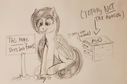 Size: 3024x2013 | Tagged: safe, artist:kalashnikitty, oc, oc:flugel, species:pony, black and white, desk, female, grayscale, happy, horse taxes, innocent, mare, monochrome, nothing to see here, pencil drawing, sign, sitting, sketch, solo, tax evasion, taxes, traditional art