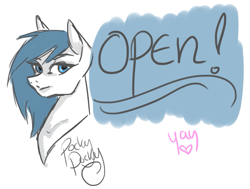 Size: 1239x935 | Tagged: safe, artist:pockypocky, oc, oc:pocky, species:pony, announcement, art, bust, cheap, clean, color, commission, doodle, food, line, loose, pocky, portrait, quick, sketch, solo, stylised, yay
