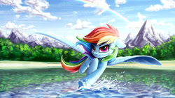 Size: 4098x2304 | Tagged: safe, artist:rysunkowasucharia, character:rainbow dash, species:pegasus, species:pony, 16:9, beach, beautiful, cloud, cute, dashabetes, featured on derpibooru, female, floppy ears, flying, high res, looking at you, mare, mountain, outdoors, plant, rainbow, scenery, scenery porn, skimming, sky, smiling, smirk, solo, splashing, spread wings, thick eyebrows, wallpaper, water, wings