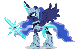 Size: 7500x5000 | Tagged: safe, artist:larsurus, character:princess luna, species:alicorn, species:pony, absurd resolution, armor, armored chest, armored hooves, armored pony, ethereal mane, female, frown, glaive, glare, luna is not amused, magic, moon sigil, moon weapon, serious, serious face, sickle, simple background, solo, spread wings, starry night, sword, telekinesis, transparent background, unamused, vector, warrior luna, weapon, wings