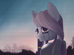 Size: 956x711 | Tagged: safe, artist:owlnon, character:marble pie, species:anthro, bust, clothing, dialogue, female, looking at you, makeup, running makeup, scan lines, solo, subtitles, sweater, three quarter view, timestamp, vhs
