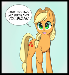 Size: 1200x1302 | Tagged: safe, alternate version, artist:owlnon, character:applejack, species:earth pony, species:pony, /mlp/, cute, dialogue, dissonant caption, female, implied straight, insult, jackabetes, mare, raised hoof, simple background, solo, text, vulgar
