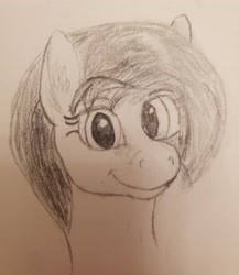Size: 3024x3488 | Tagged: safe, artist:kalashnikitty, oc, oc:flugel, species:pony, black and white, cute, female, grayscale, happy, looking at you, mare, monochrome, pencil drawing, sketch, smiling, smirk, solo, traditional art