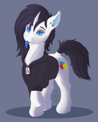 Size: 2650x3300 | Tagged: safe, artist:batsdisaster, oc, oc only, oc:leesys, species:bat pony, species:pony, species:unicorn, bat ponified, blue eyes, blue tongue, clothing, fangs, female, hoodie, mare, race swap, tongue out