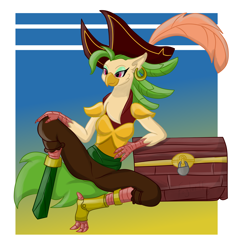 Size: 5094x5457 | Tagged: safe, artist:foylertf, character:captain celaeno, species:anthro, my little pony: the movie (2017), abstract background, chest, clothing, female, hat, parrot pirates, pirate, sitting, solo