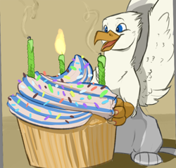 Size: 838x800 | Tagged: safe, artist:scruffasus, oc, oc only, oc:der, species:griffon, candle, cupcake, fire, food, male, micro, smoke, solo, sprinkles