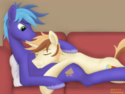 Size: 2850x2145 | Tagged: safe, artist:dash wang, oc, oc:cream brun, oc:memory mark, species:earth pony, species:pony, species:unicorn, colored hooves, couch, couple, cuddling, eyes closed, hug, lying down, male, multicolored hair, pillow, room, sleeping