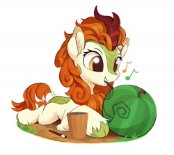 Size: 2000x1785 | Tagged: safe, artist:draconidsmxz, character:autumn blaze, species:kirin, episode:sounds of silence, g4, my little pony: friendship is magic, awwtumn blaze, cute, female, food, happy, painting, simple background, solo, watermelon, white background