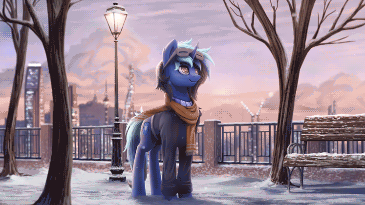 Size: 747x420 | Tagged: safe, artist:syntaxartz, oc, oc:frostburn, species:pony, species:unicorn, animated, bench, cinemagraph, city, clothing, coat, male, scarf, snow, solo, standing, tree