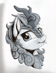 Size: 2550x3300 | Tagged: safe, artist:sigilponies, character:autumn blaze, species:kirin, g4, awwtumn blaze, blep, bust, cute, female, grayscale, ink drawing, looking back, monochrome, portrait, signature, solo, three quarter view, tongue out, traditional art