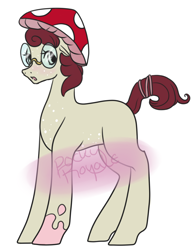 Size: 976x1244 | Tagged: safe, artist:pockypocky, oc, species:earth pony, species:pony, adoptable, advertisement, cheap, clothing, cute, female, freckles, glasses, hat, mare, mushroom, mushroom hat, open, palamino, simple, solo, spectacles, spots, themed, toadstool