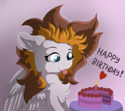 Size: 2539x2245 | Tagged: safe, artist:nighty, oc, oc only, oc:golden rain, species:pegasus, species:pony, birthday, birthday cake, blep, cake, cheek fluff, chest fluff, colored pupils, ear fluff, female, fluffy, food, simple background, solo, spread wings, text, tongue out, wings