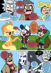 Size: 800x1133 | Tagged: safe, artist:imbriaart, character:applejack, character:rarity, species:earth pony, species:human, species:pony, species:unicorn, comic:magic princess war, clothing, comic, crossover, dipper pines, ford pines, gravity falls, mabel pines, morty smith, pig, rick and morty, rick sanchez, suggestive series