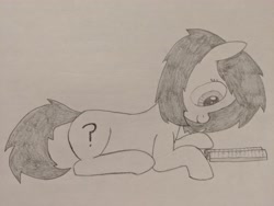 Size: 4032x3024 | Tagged: safe, artist:craftycirclepony, oc, oc only, oc:filly anon, species:earth pony, species:pony, book, female, filly, lineart, lying down, prone, question mark, reading, simple background, smiling, solo, traditional art, white background